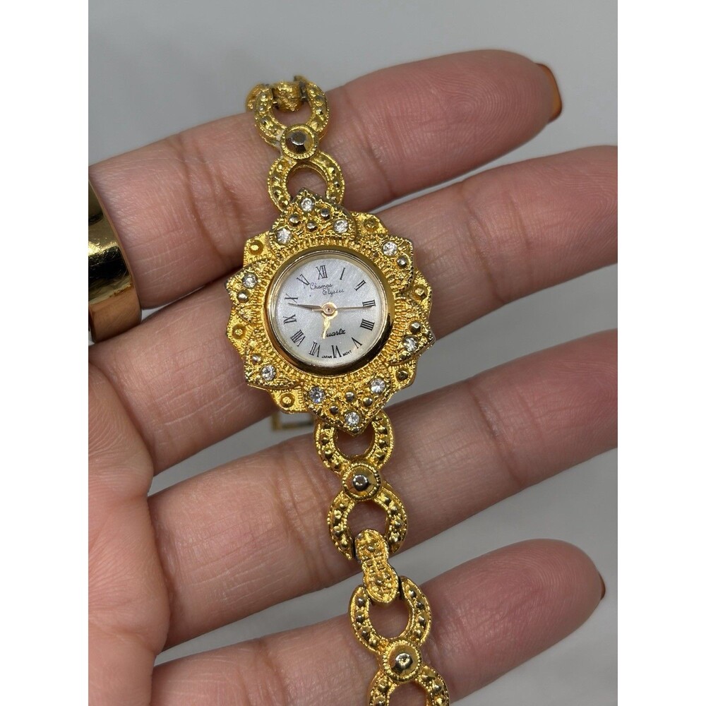 Vintage Champs Elysees Gold Tone Rhinestone Bracelet Watch – Working